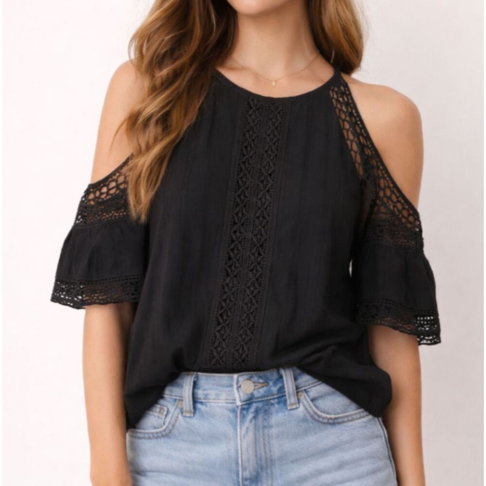Abercrombie & Fitch Black Cold Shoulder Lace Detail Top Size Small